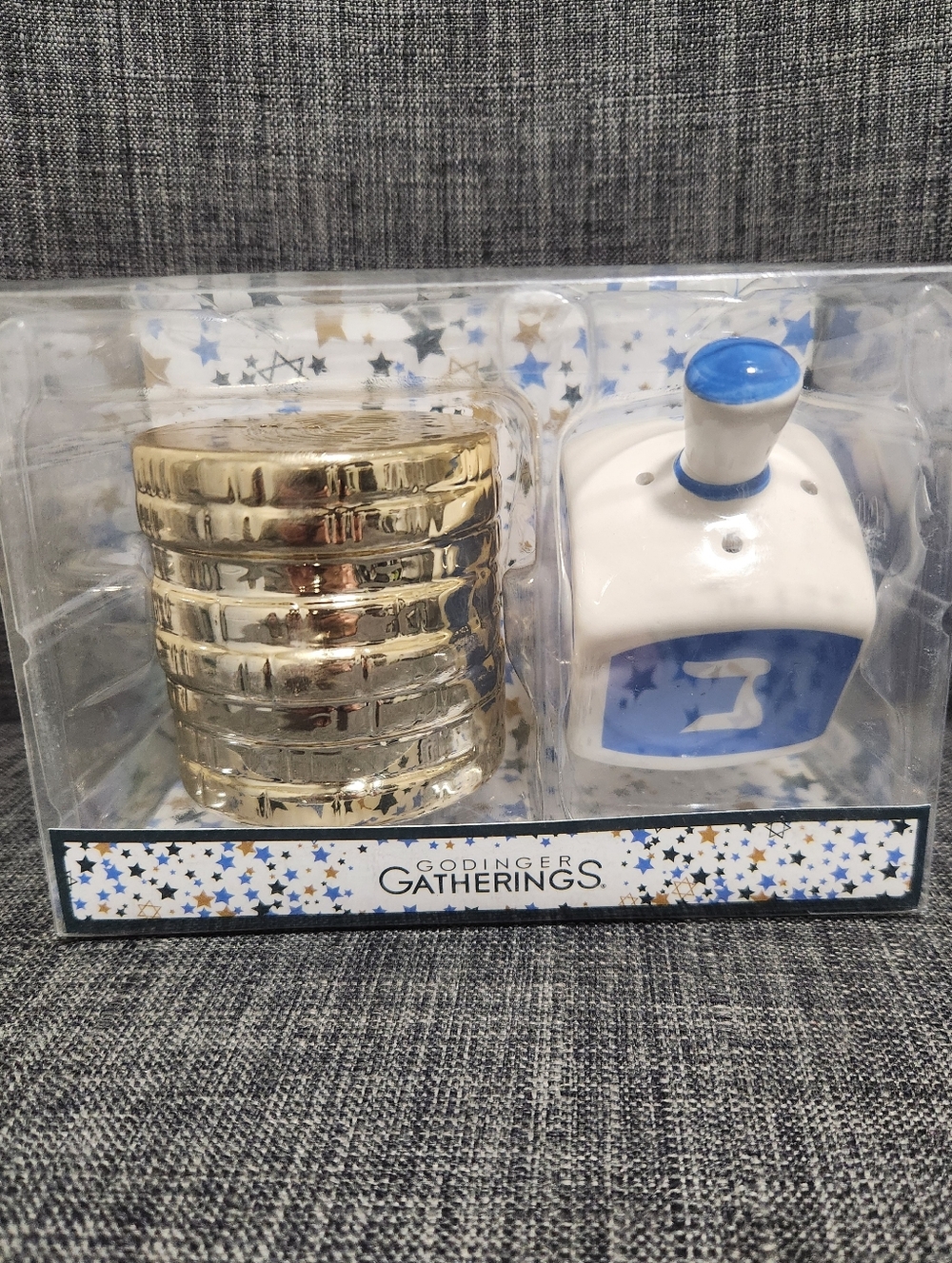 Godinger Gatherings Hanukkah Dreidel and Coin Saltshaker Set - Gold & Blue